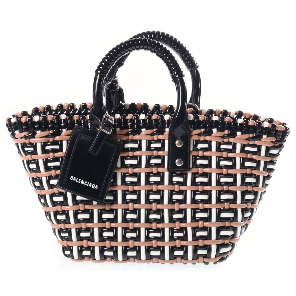 BALENCIAGA(バレンシアガ) ビストロ バスケットバッグXS ハンドバッグ ショルダーバッグ ブラック×ベージュ PVC 671342 シルバー金具 レディース