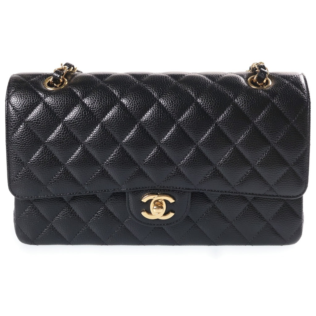 CHANEL(シャネル) マトラッセ25 キャビアスキン レザー Wフラップ Wチェーン ショルダーバッグ ゴールド金具 ブラック プレート A01112 レディース