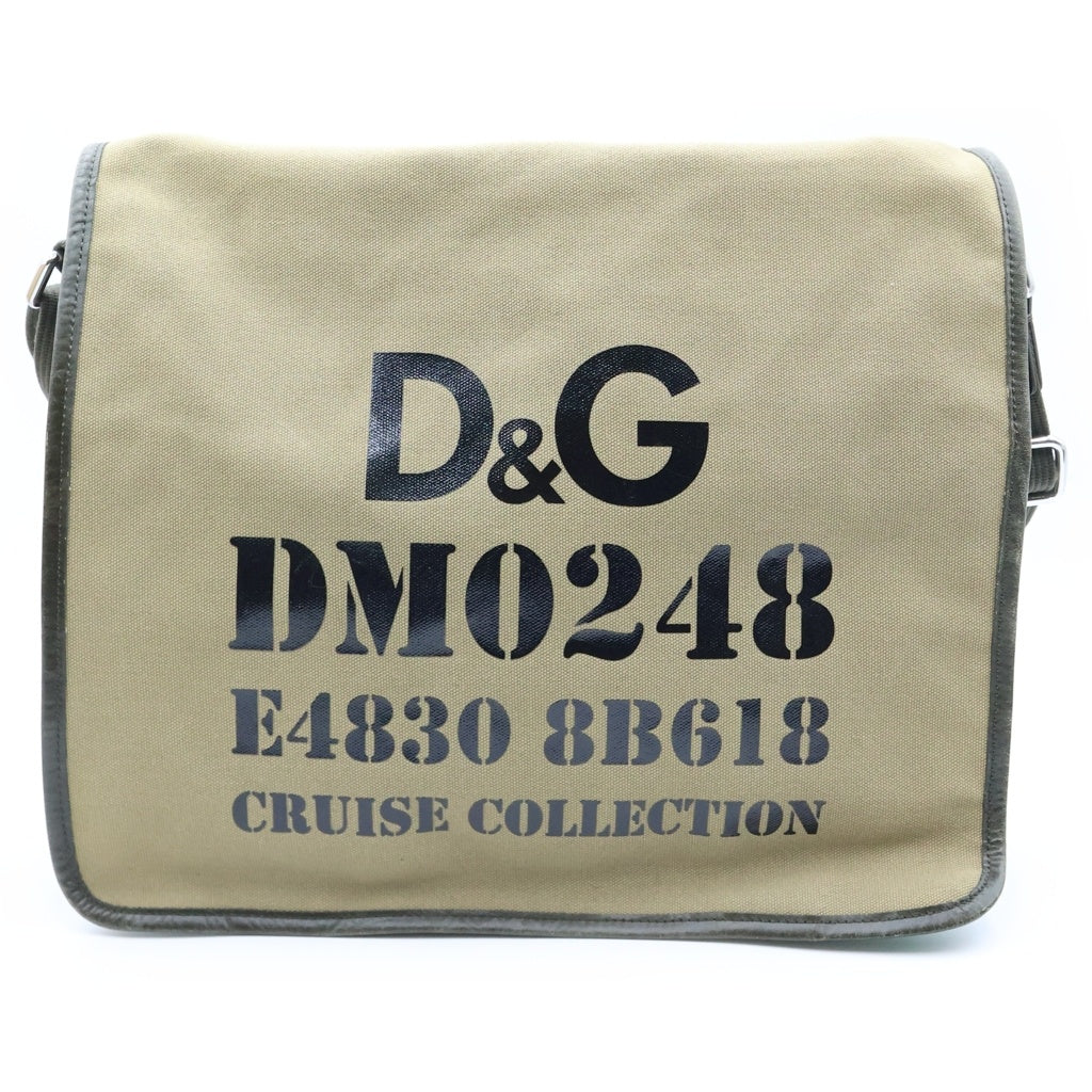 DOLCE & GABBANA(ドルチェアンドガッバーナ) ロゴプリント キャンバス レザー メッセンジャー ショルダーバッグ カーキ シルバー金具 レディース