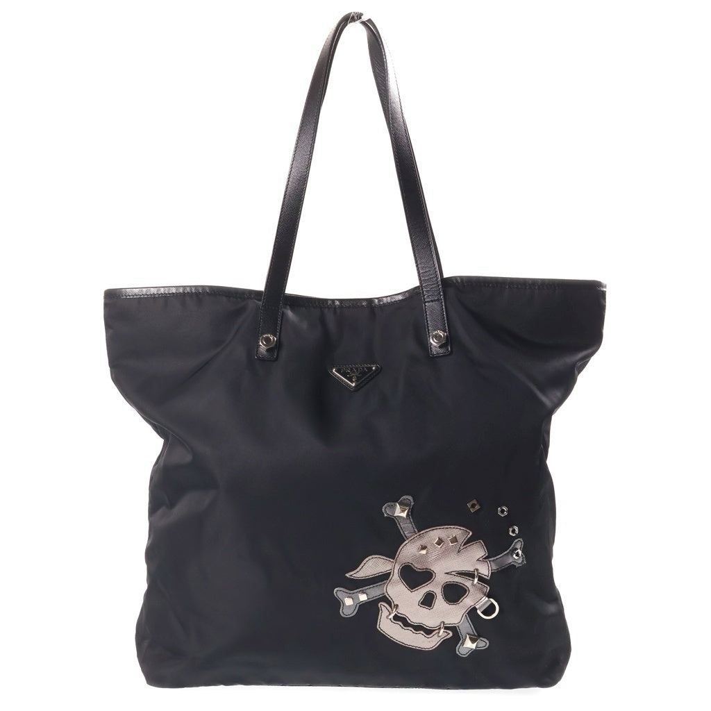 PRADA(プラダ) スカル トートバッグ ハンドバッグ ブラック レザー×ナイロン VA832T シルバー金具 レディース