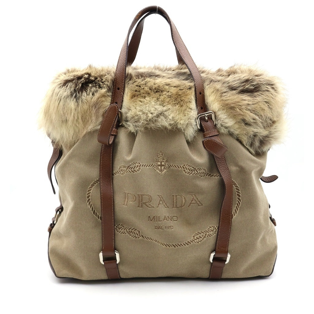 PRADA(プラダ) ■ファー ロゴ ジャガード 2WAYバッグ カーキ レディース