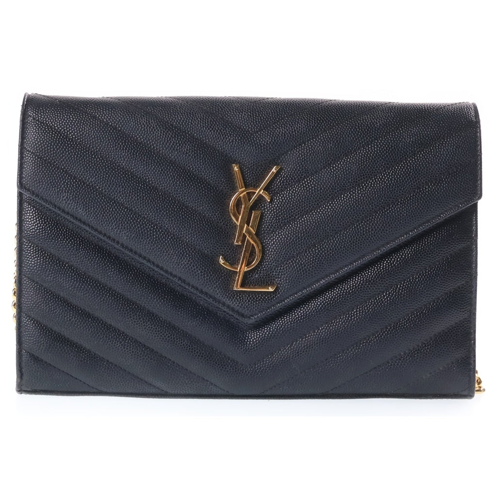 SAINT LAURENT PARIS(サンローランパリ) カサンドラロゴ エンベロープ レザー チェーンショルダーバッグ ブラック ゴールド金具 742920 レディース