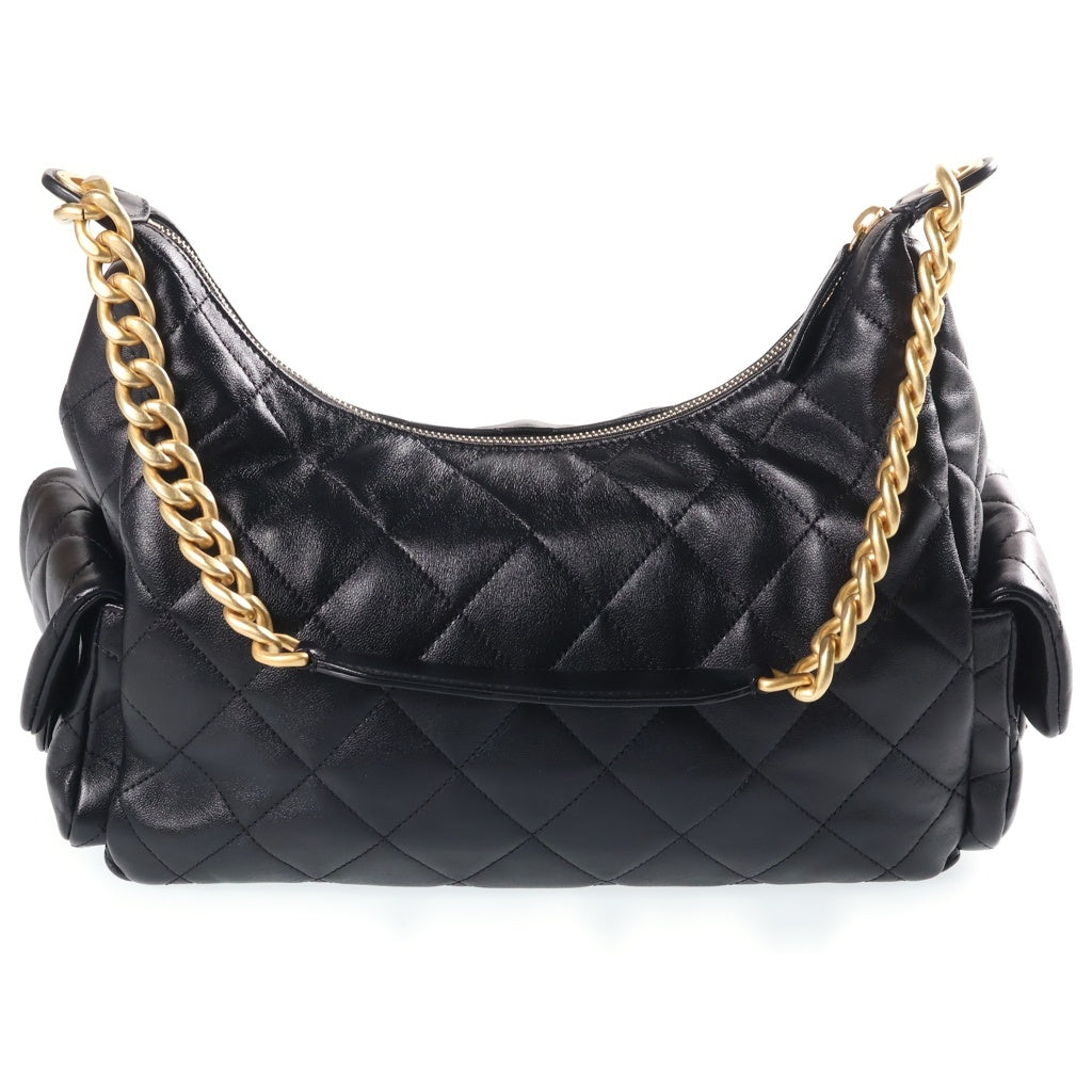 CHANEL(シャネル) マトラッセ ホーボー チェーンショルダーバッグ 黒 ラムスキン GD金具 プレートト レディース