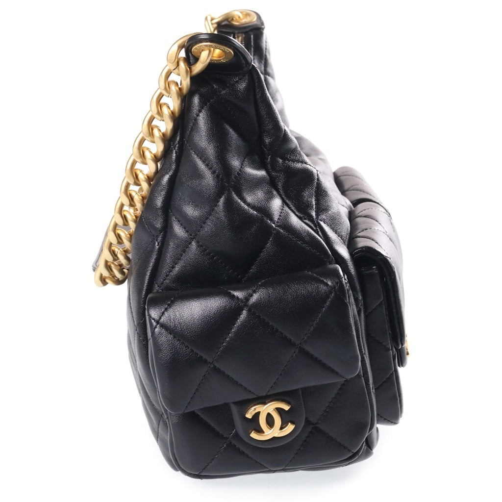CHANEL(シャネル) マトラッセ ホーボー チェーンショルダーバッグ 黒 ラムスキン GD金具 プレートト レディース