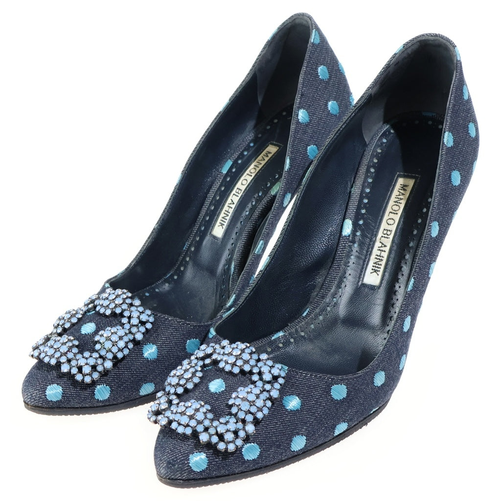 MANOLO BLAHNIK(マノロブラニク) Hangisi Denim Pumps ハンギシ クリスタルバックル デニムパンプス ドット柄 ネイビー/ブルー レディース