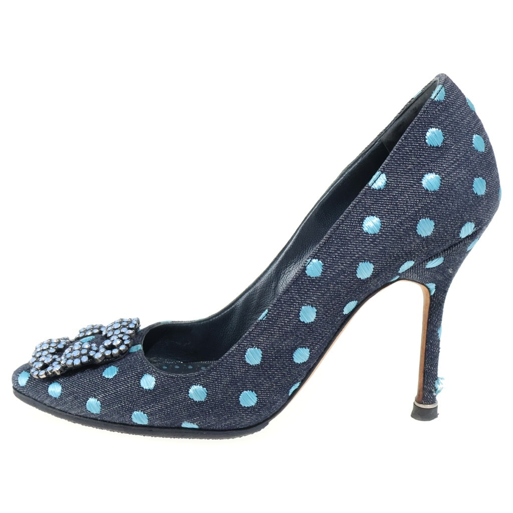 MANOLO BLAHNIK(マノロブラニク) Hangisi Denim Pumps ハンギシ クリスタルバックル デニムパンプス ドット柄 ネイビー/ブルー レディース