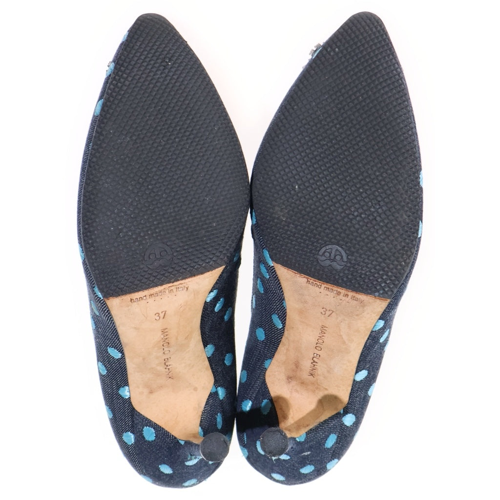 MANOLO BLAHNIK(マノロブラニク) Hangisi Denim Pumps ハンギシ クリスタルバックル デニムパンプス ドット柄 ネイビー/ブルー レディース
