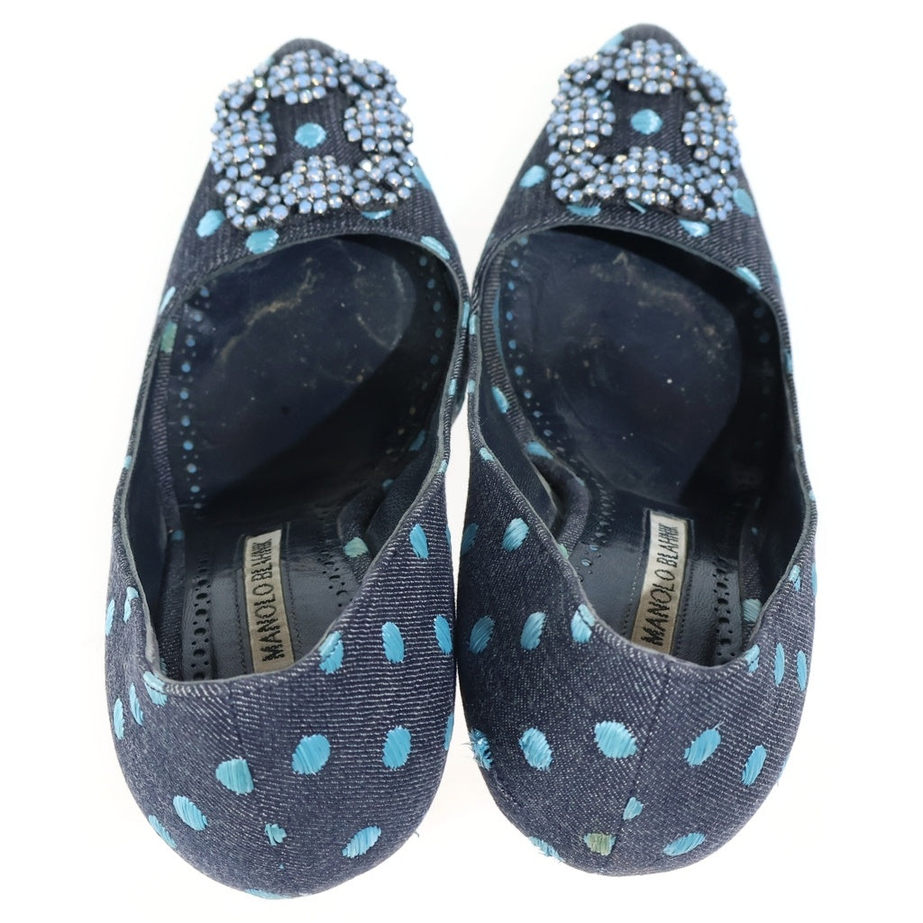 MANOLO BLAHNIK(マノロブラニク) Hangisi Denim Pumps ハンギシ クリスタルバックル デニムパンプス ドット柄 ネイビー/ブルー レディース