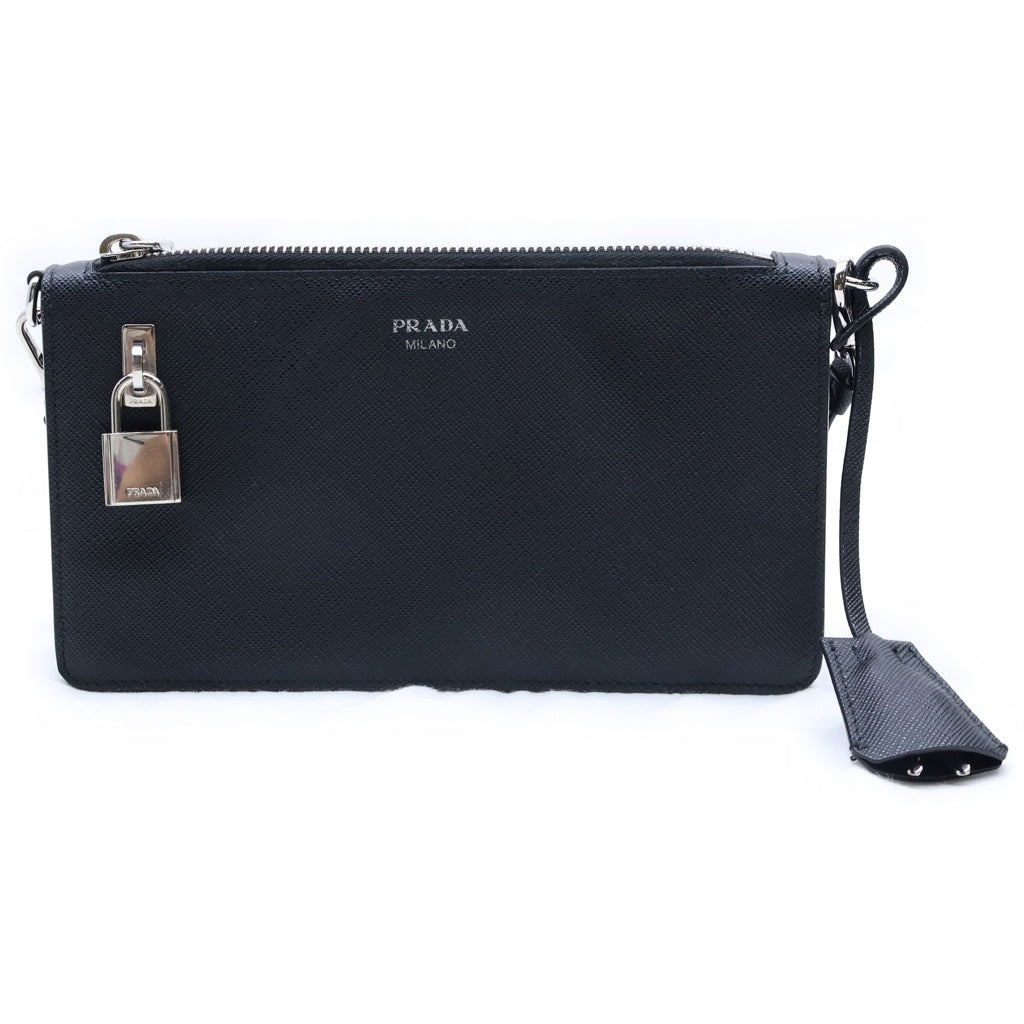 PRADA(プラダ) サフィアーノレザー ポーチ ミニハンドバッグ ブラック レザー 2ZT098 シルバー金具 レディース