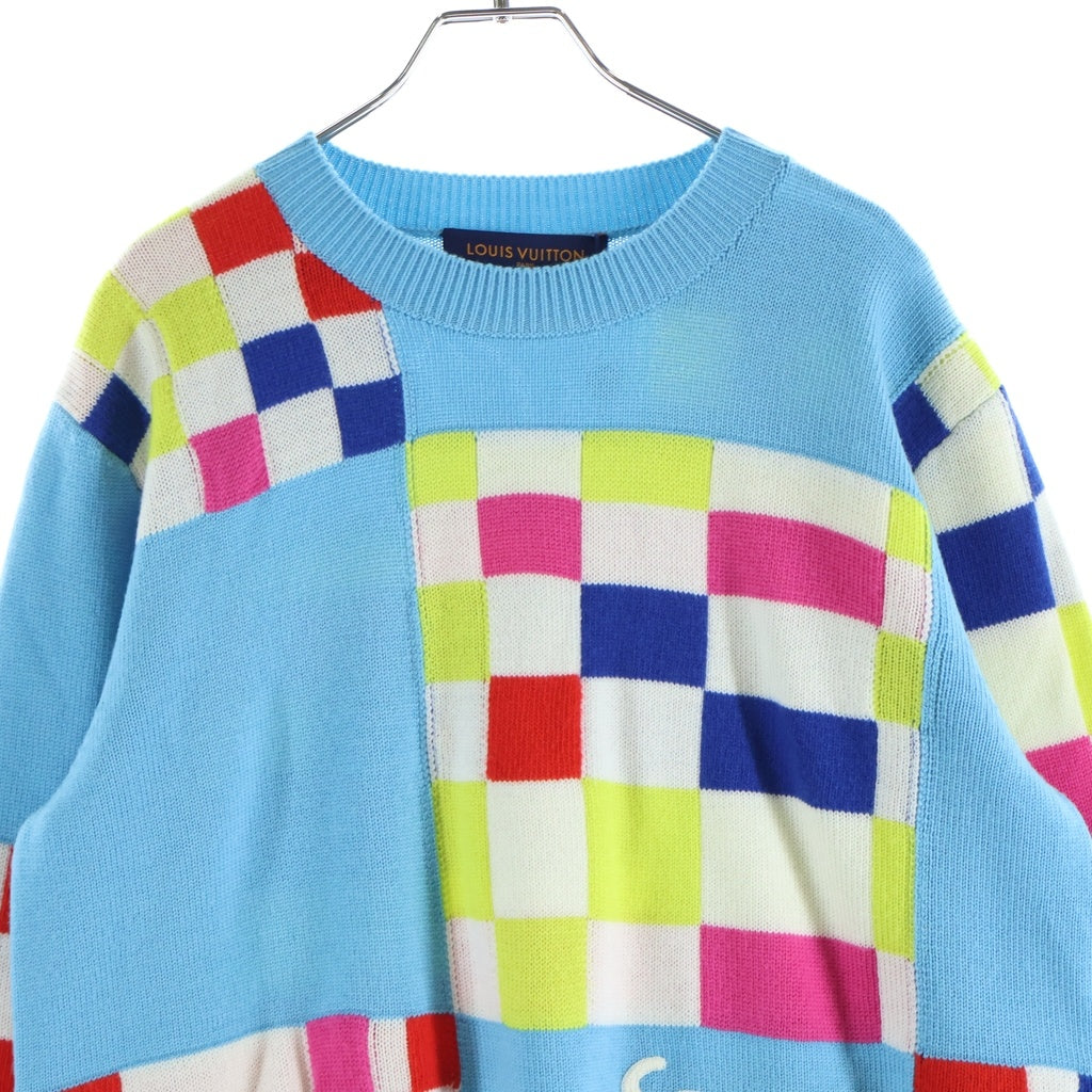 LOUIS VUITTON(ルイヴィトン) 21SS ジャイアントダミエ ウールクルーネックニット ライトブルー×マルチカラー #M RM211 ZTB HKN75W