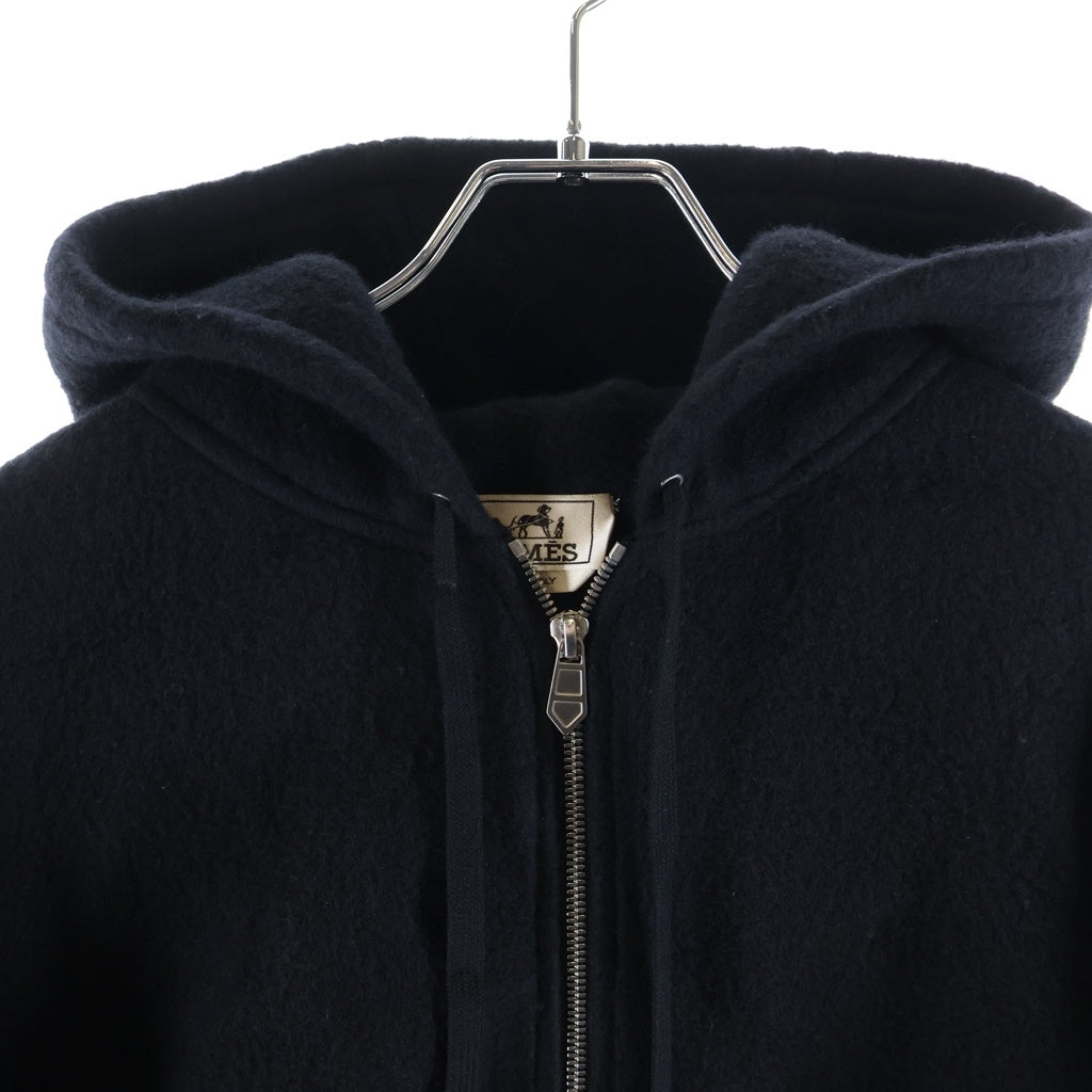 HERMES(エルメス) 23AW ウールカシミヤ レザートリム ジップアップパーカー フーディー ブラック #L