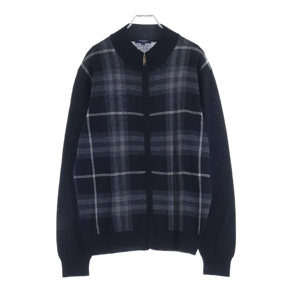 BURBERRY(バーバリー) ジップアップニット チェック柄ドライバーズニット ブラック×グレー #L レディース