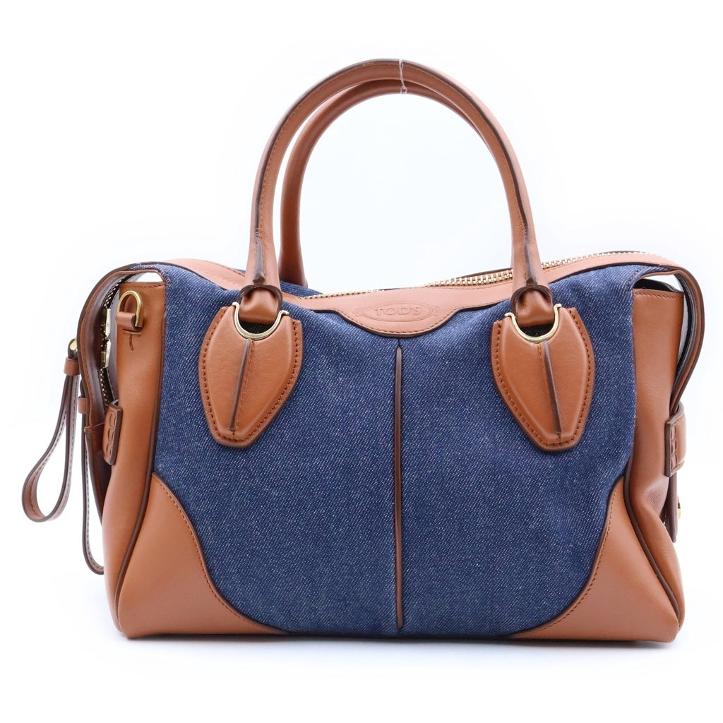 TOD'S(トッズ) 2WAY ハンドバッグ ショルダーバッグ インディゴブルー×ブラウン レザー×デニム ゴールド金具 レディース