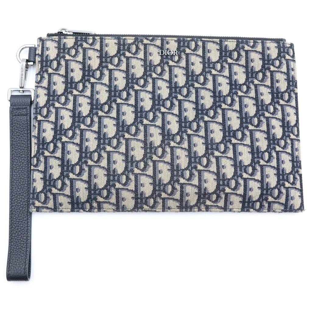 Christian Dior(クリスチャンディオール) オブリーク ジャカード クラッチバッグ セカンドバッグ ネイビー レザー×キャンバス シルバー金具 レディース