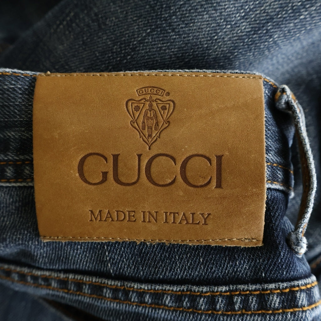 GUCCI(グッチ) 05AW ロゴ刺繍 レザーパッチ ストレート デニムパンツ ジーンズ インディゴ 164632