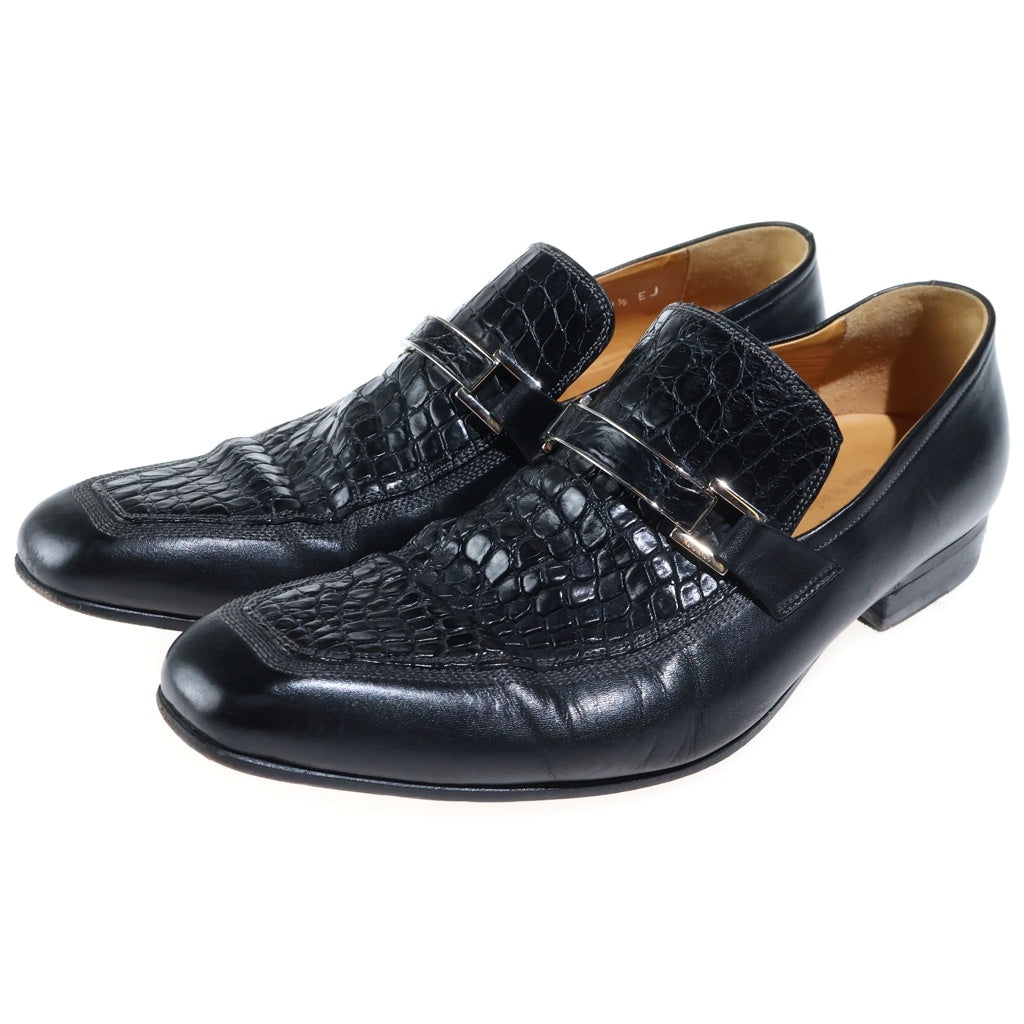 GUCCI(グッチ) 05SS クロコ型押し コンビレザー メタルプレート ローファー シューズ ブラック 154017