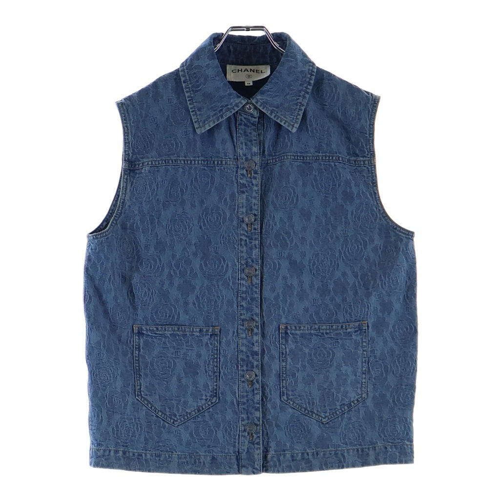CHANEL(シャネル) 23SS Camellia Sleeveless Denim Shirt カメリア柄 ノースリーブデニムシャツ ベスト インディゴ P74492V66068 レディース