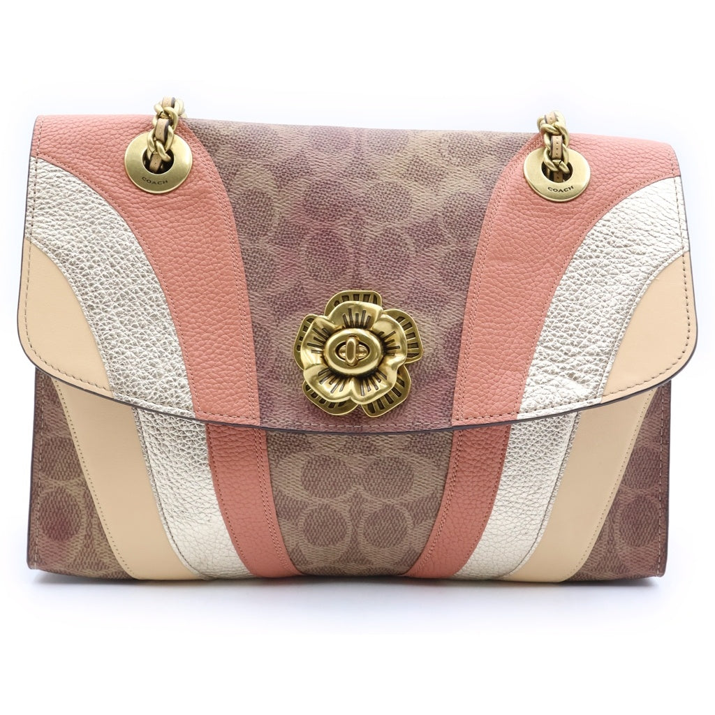 COACH(コーチ) シグネチャーキャンバス フラワー チェーンショルダーバッグ ピンク PVC 69526 ゴールド金具 レディース