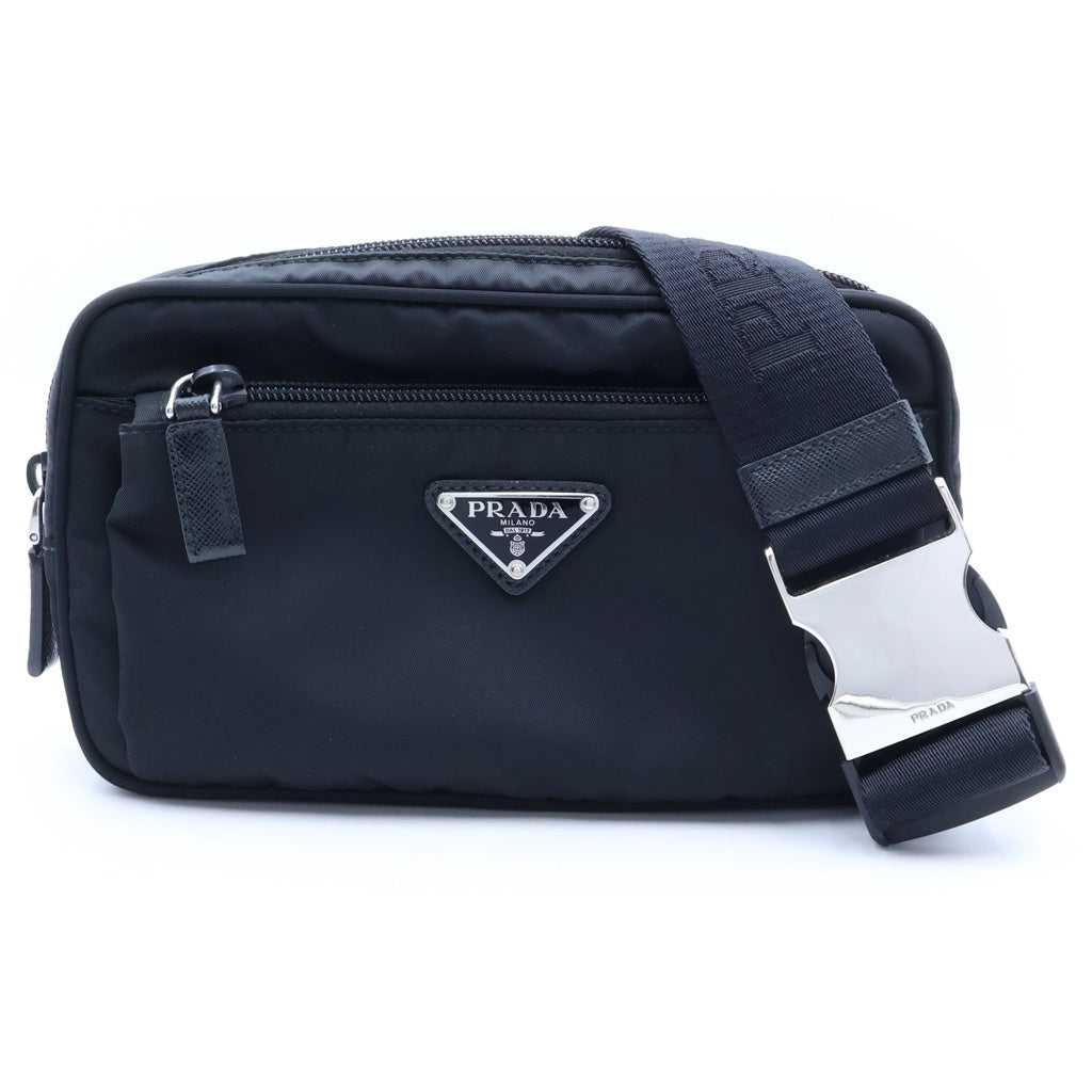 PRADA(プラダ) Re-Nylon TESSUTO MONTAGN ショルダーバッグ ウエストボディバッグ ブラック ナイロン サフィアーノ 2VL977 シルバー金具 レディース