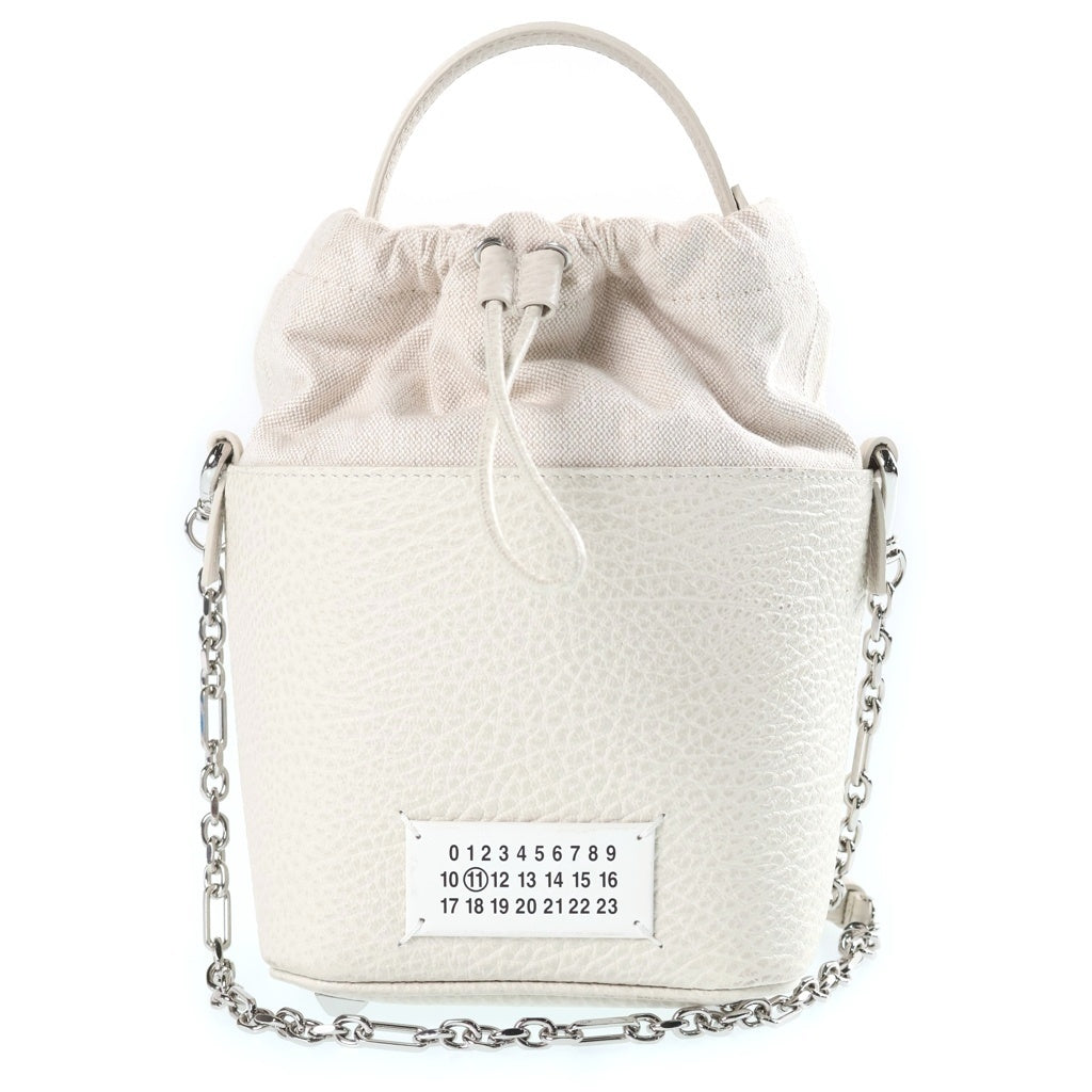 Maison Margiela(メゾンマルジェラ) 5AC バケット チェーンショルダーバッグ ミニバッグ ホワイト レザー×キャンバス シルバー金具 レディース