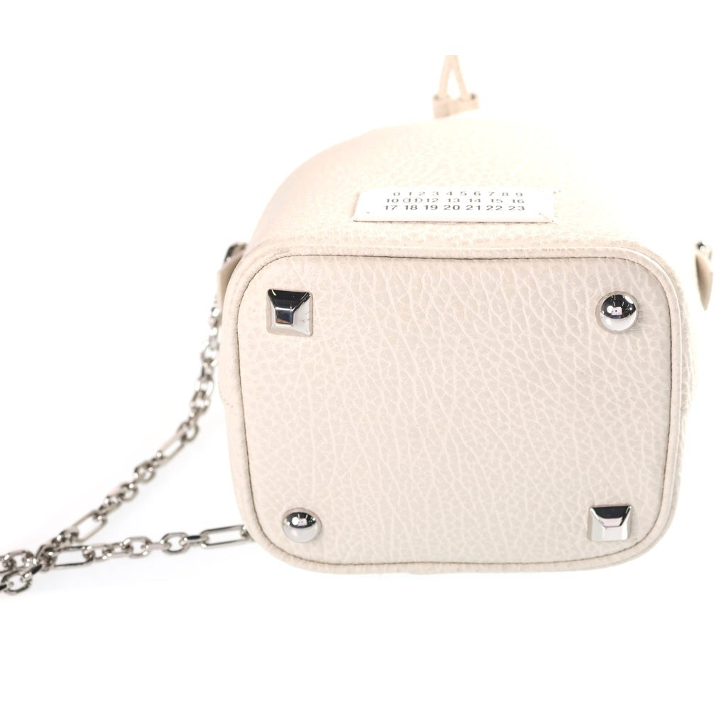 Maison Margiela(メゾンマルジェラ) 5AC バケット チェーンショルダーバッグ ミニバッグ ホワイト レザー×キャンバス シルバー金具 レディース