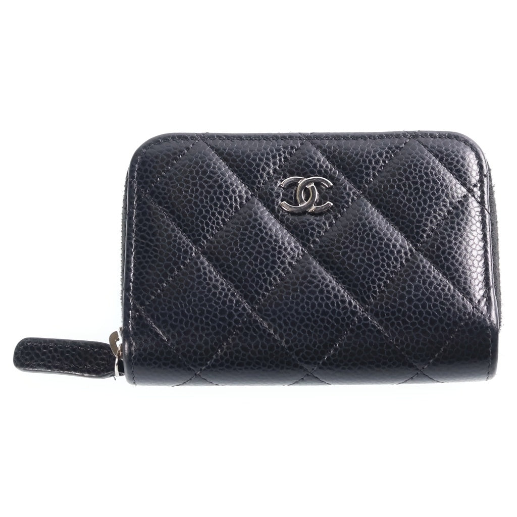 CHANEL(シャネル) ココマーク マトラッセ コインパース コンパクトウォレット ブラック キャビアスキン シルバー金具 AP0216 シール有 レディース