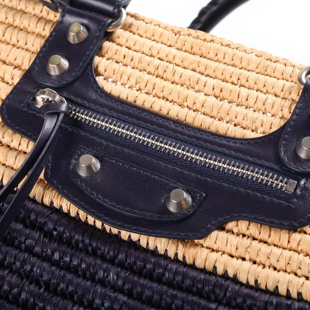 BALENCIAGA(バレンシアガ) カゴバック トートバッグ バイカラー ナチュラル×ネイビー レザー×ラフィア 339560 レディース