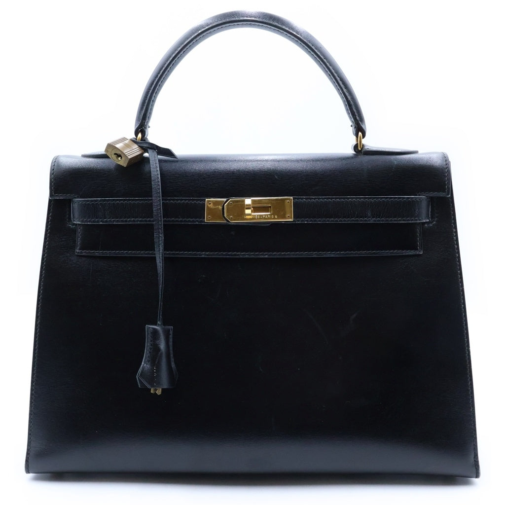HERMES(エルメス) ケリー 32 ハンドバッグ ショルダーバッグ 2way ゴールド金具 〇T刻印 ボックスカーフ ブラック レディース
