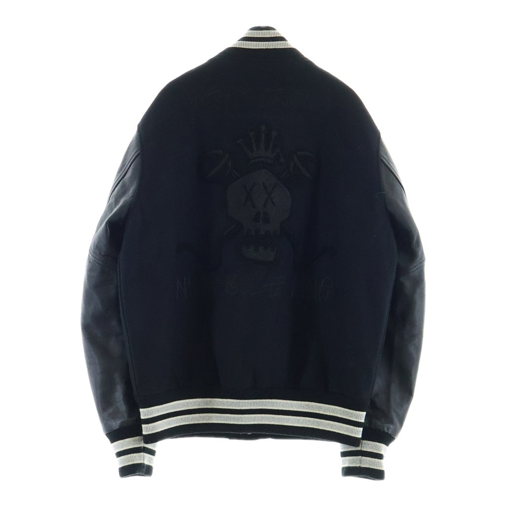 STUSSY(ステューシー) ×NINE RULAZ LINE Mighty Crown ナインルーラーズライン マイティークラウン ロゴ刺繍 レザー切り替え ウール スタジアムジャケット ブルゾン スタジャン ブラック