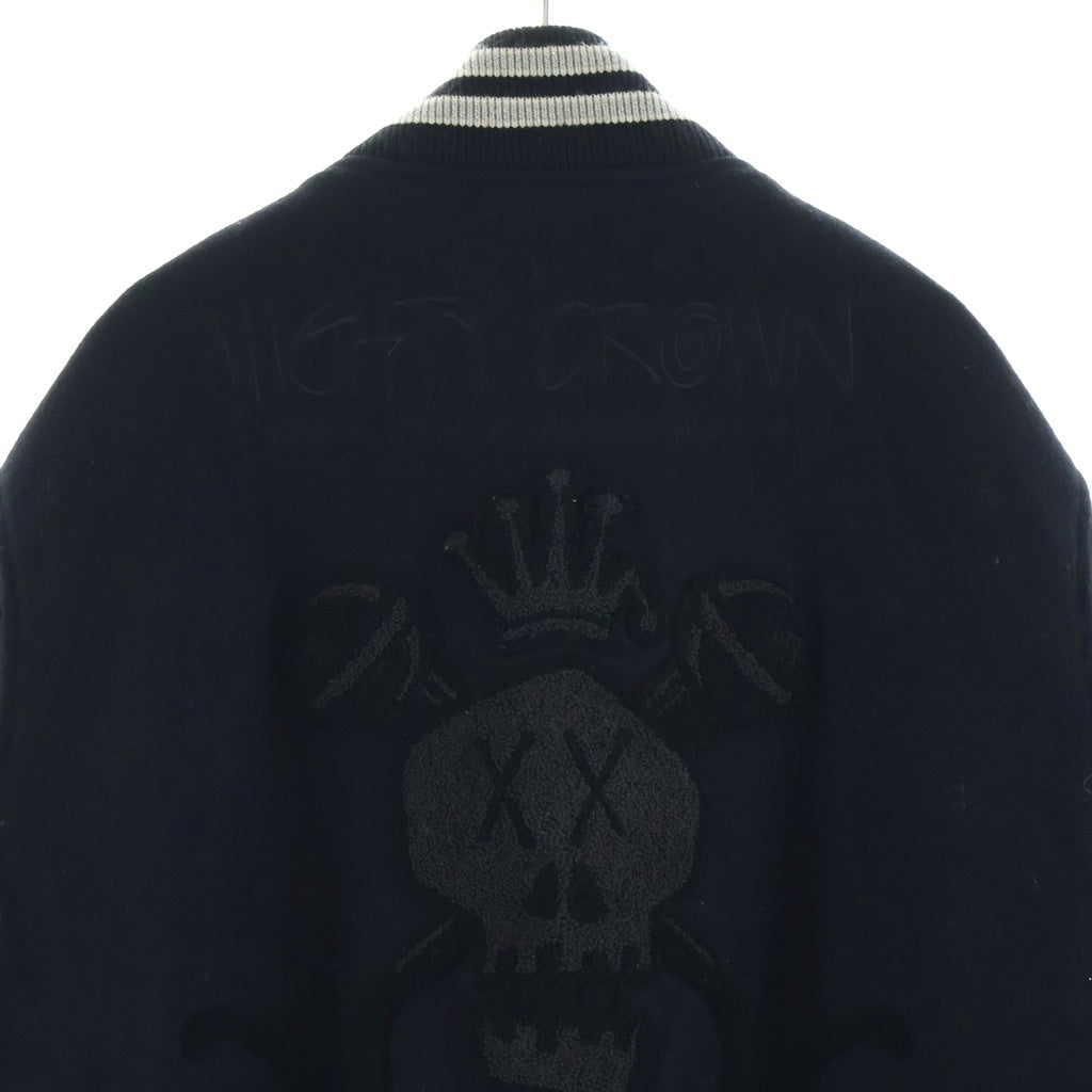STUSSY(ステューシー) ×NINE RULAZ LINE Mighty Crown ナインルーラーズライン マイティークラウン ロゴ刺繍 レザー切り替え ウール スタジアムジャケット ブルゾン スタジャン ブラック