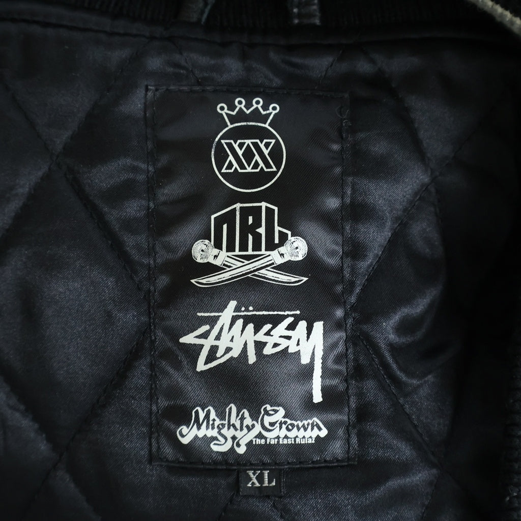 STUSSY(ステューシー) ×NINE RULAZ LINE Mighty Crown ナインルーラーズライン マイティークラウン ロゴ刺繍 レザー切り替え ウール スタジアムジャケット ブルゾン スタジャン ブラック