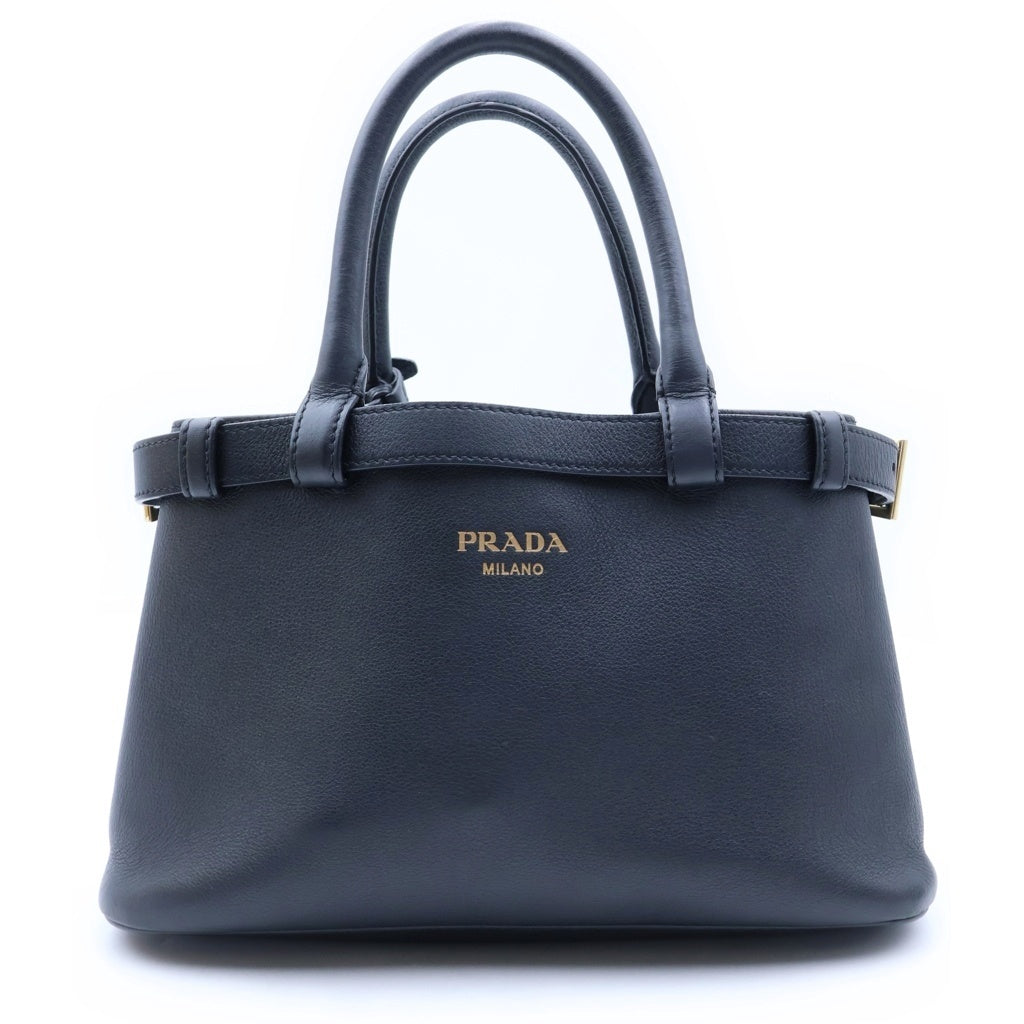 PRADA(プラダ) バックル ダブルベルト付 スモール ハンドバッグ 2WAY ソフトグレインレザー ブラック 1BA418 レディース