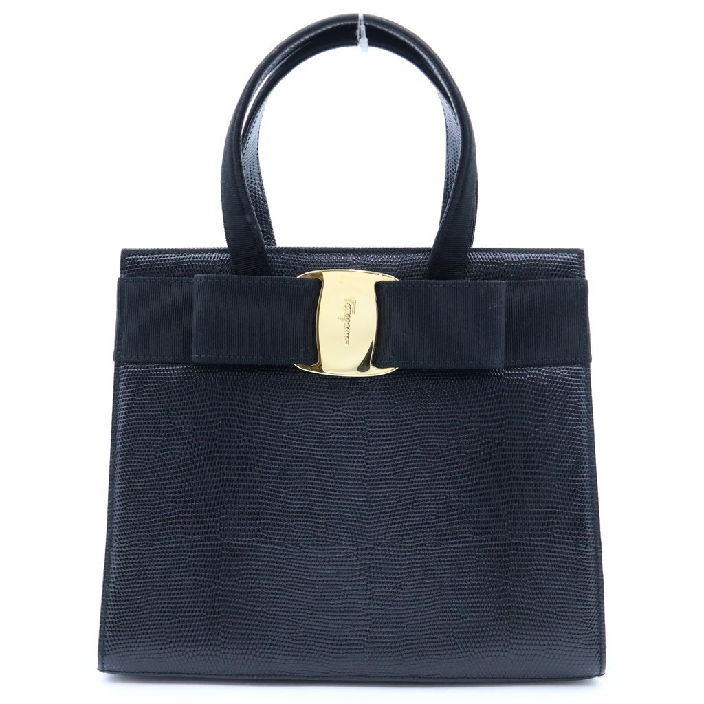 Salvatore Ferragamo(サルヴァトーレ フェラガモ) ヴァラリボン 型押しレザー 2WAY ハンド ショルダーバッグ ゴールド金具 ブラック レディース