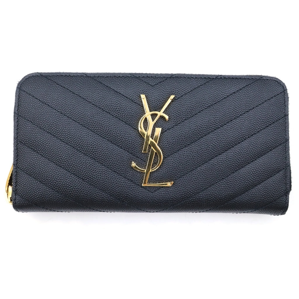 SAINT LAURENT PARIS(サンローランパリ) カサンドラ ロゴプレート Vステッチ レザー ラウンドファスナー ロングウォレット 長財布 ブラック ゴールド金具 358094 レディース