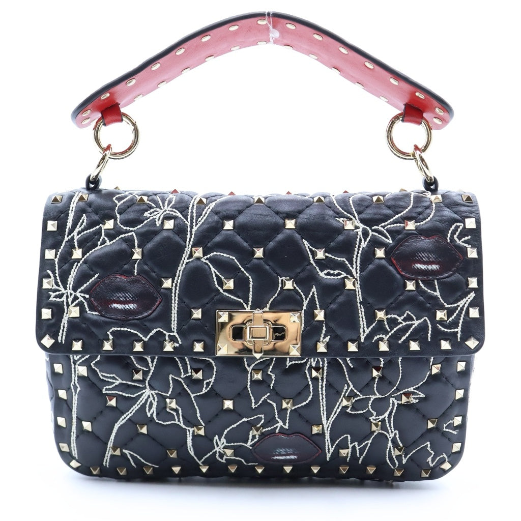 VALENTINO(ヴァレンティノ) ×UNDERCOVER ロックスタッド スパイク リップ ハンドバッグ ショルダーバッグ ブラック レザー レディース