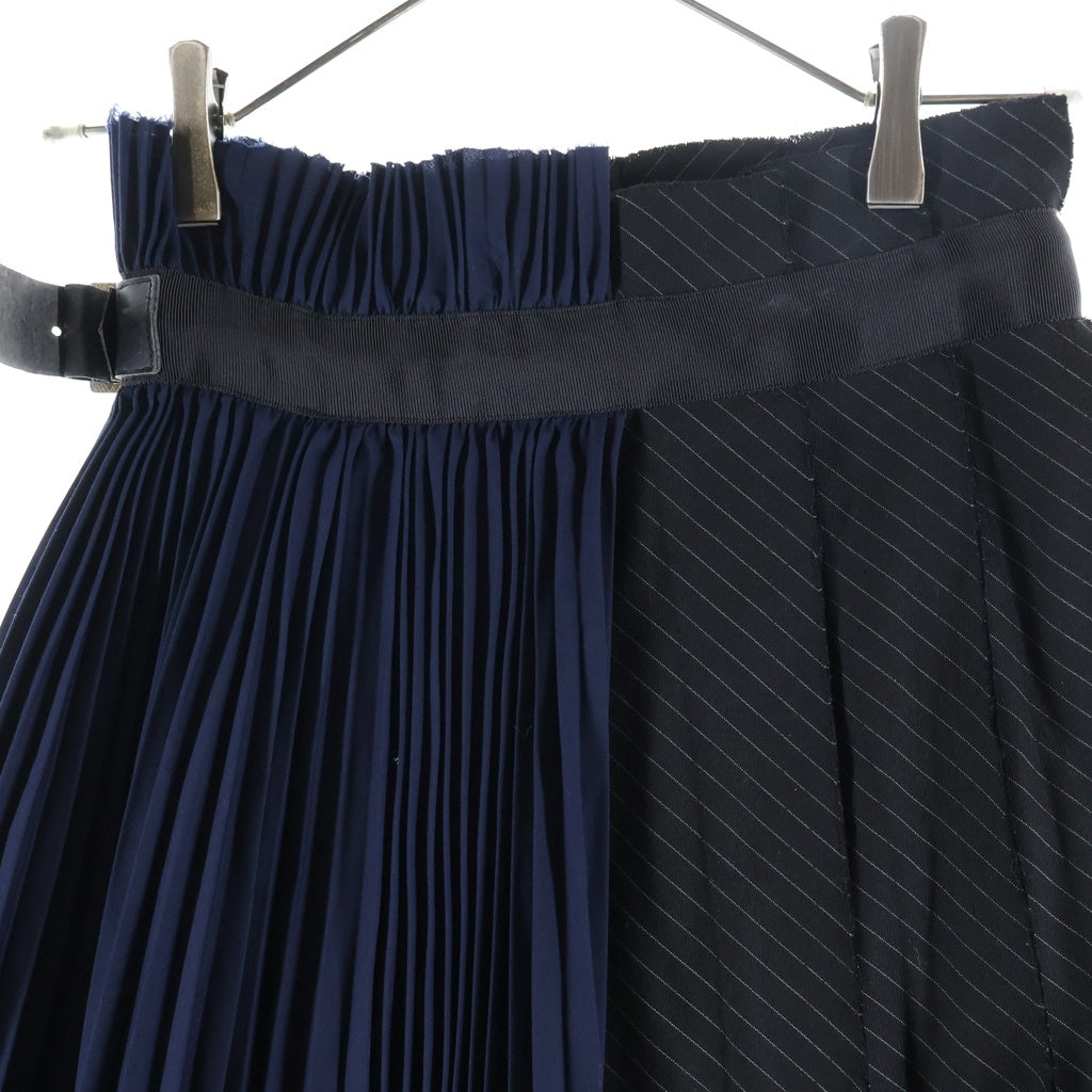 Sacai(サカイ) 19SS ドッキング プリーツ レザーベルト ラップ ミディアムスカート ネイビー/ブラック レディース 19-04257