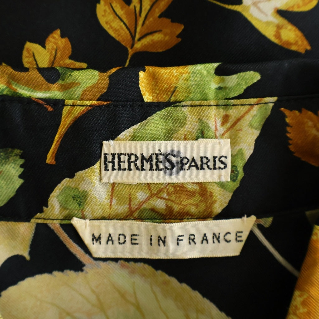 HERMES(エルメス) マルジェラ期 リーフ総柄プリント シルク 長袖シャツ ブラウス ブラック