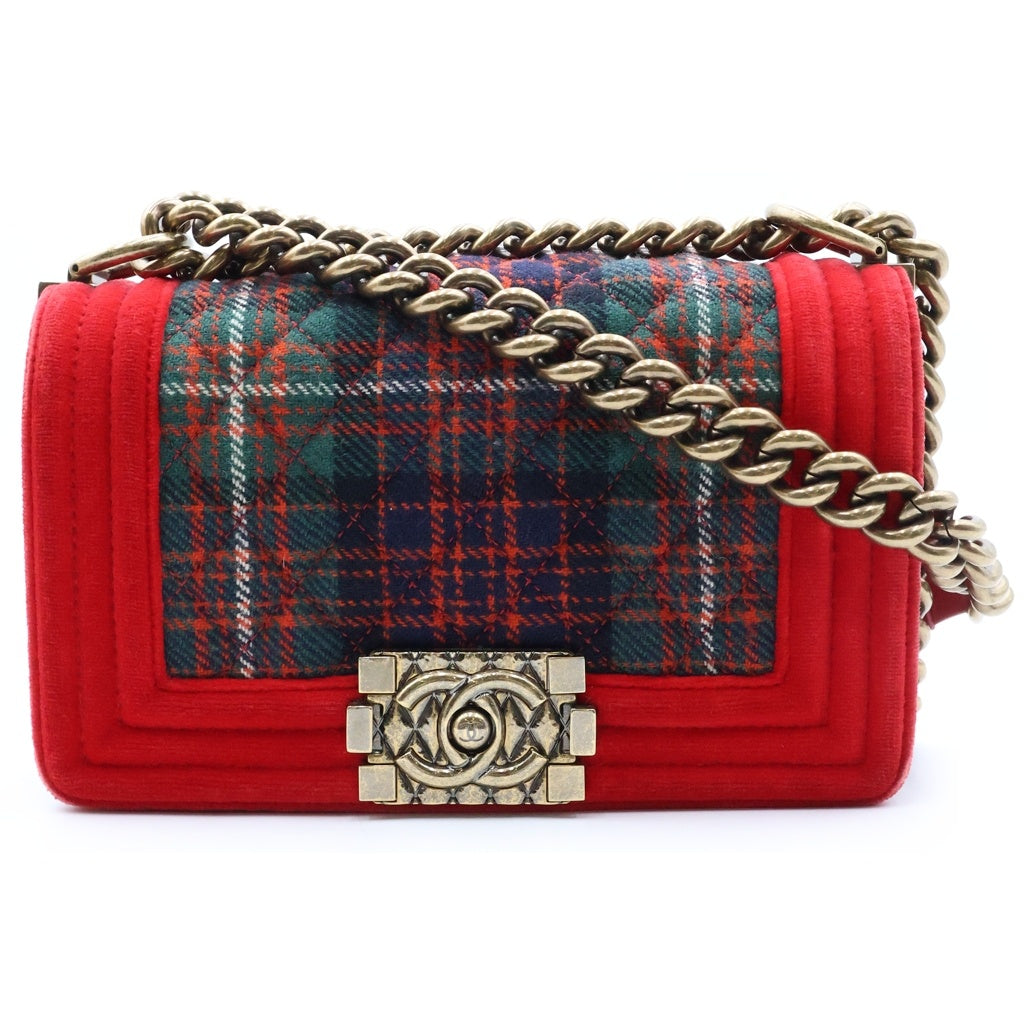 CHANEL(シャネル) ボーイシャネル スモール チェーンショルダーバッグ チェック ゴールド金具 レッド/グリーン A67085 18番台 レディース
