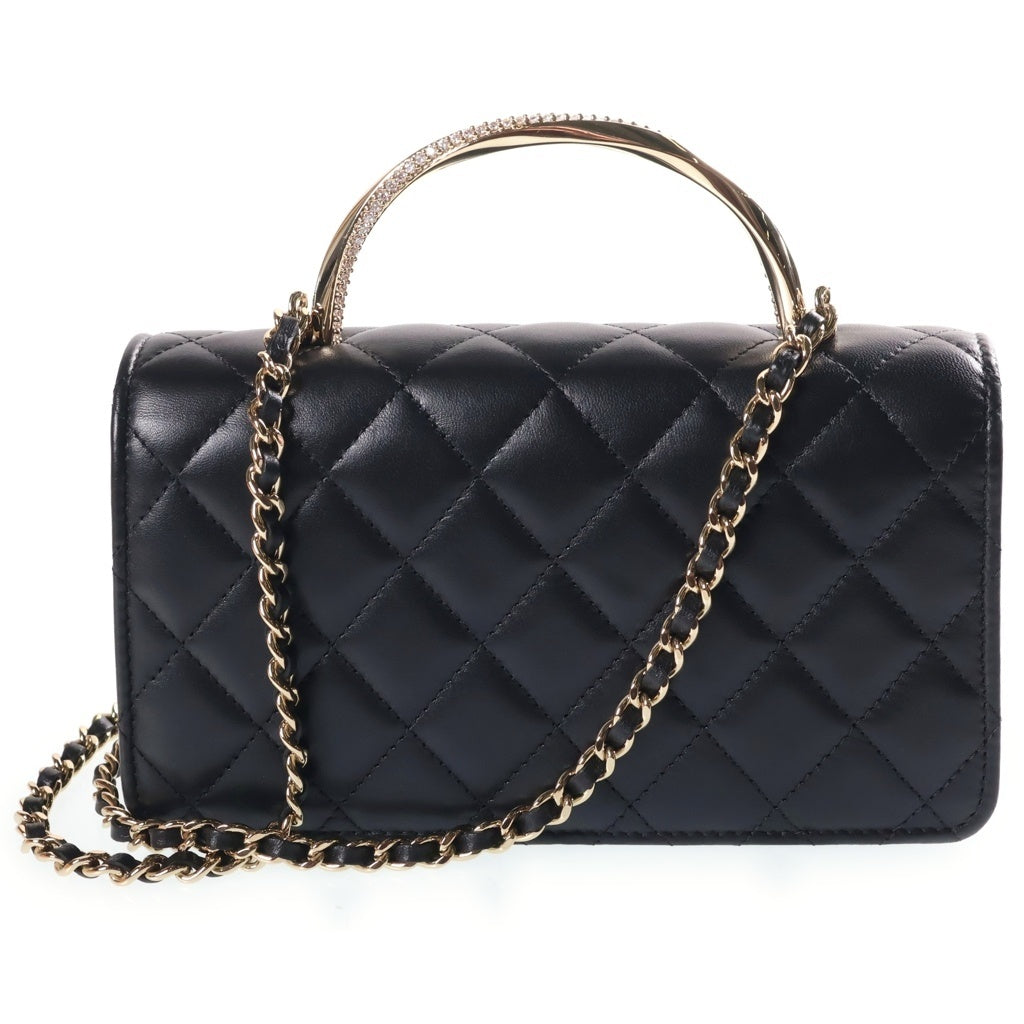 CHANEL(シャネル) マトラッセ トップハンドル ラインストーン ラムスキン レザー 2WAY ハンド チェーン ウォレット ショルダーバッグ ゴールド金具 ブラック シール レディース