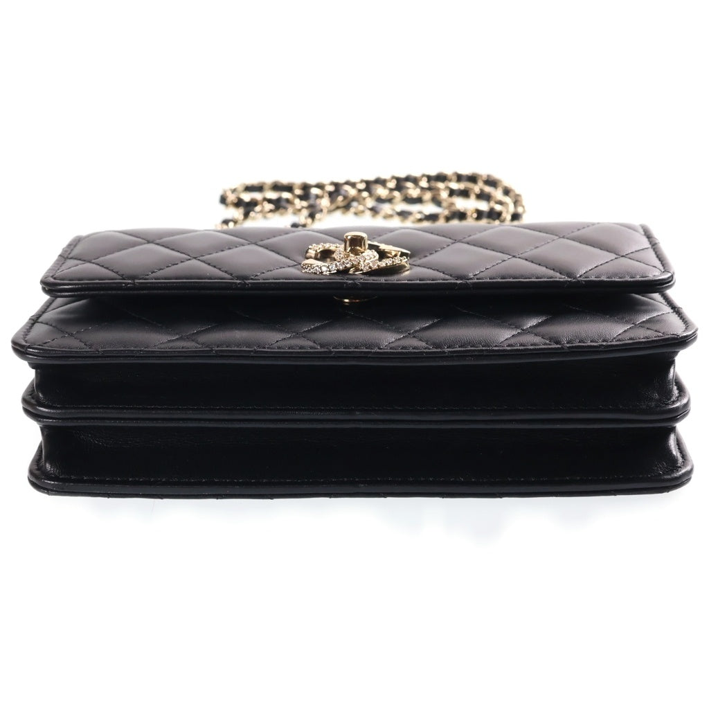 CHANEL(シャネル) マトラッセ トップハンドル ラインストーン ラムスキン レザー 2WAY ハンド チェーン ウォレット ショルダーバッグ ゴールド金具 ブラック シール レディース