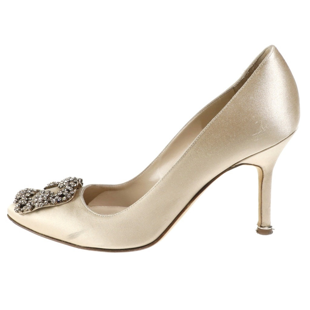 MANOLO BLAHNIK(マノロブラニク) ハンギシ ラインストーン装飾 サテンヒールパンプス ベージュ レディース