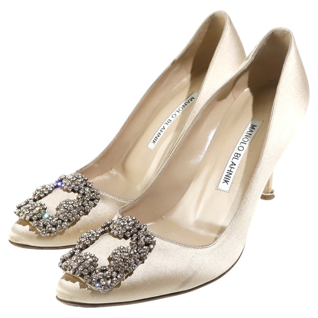 MANOLO BLAHNIK(マノロブラニク) ハンギシ ラインストーン装飾 サテンヒールパンプス ベージュ レディース
