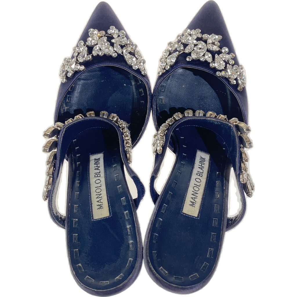 MANOLO BLAHNIK(マノロブラニク) ルマム ラインストーン装飾サテンヒールパンプス ネイビー レディース