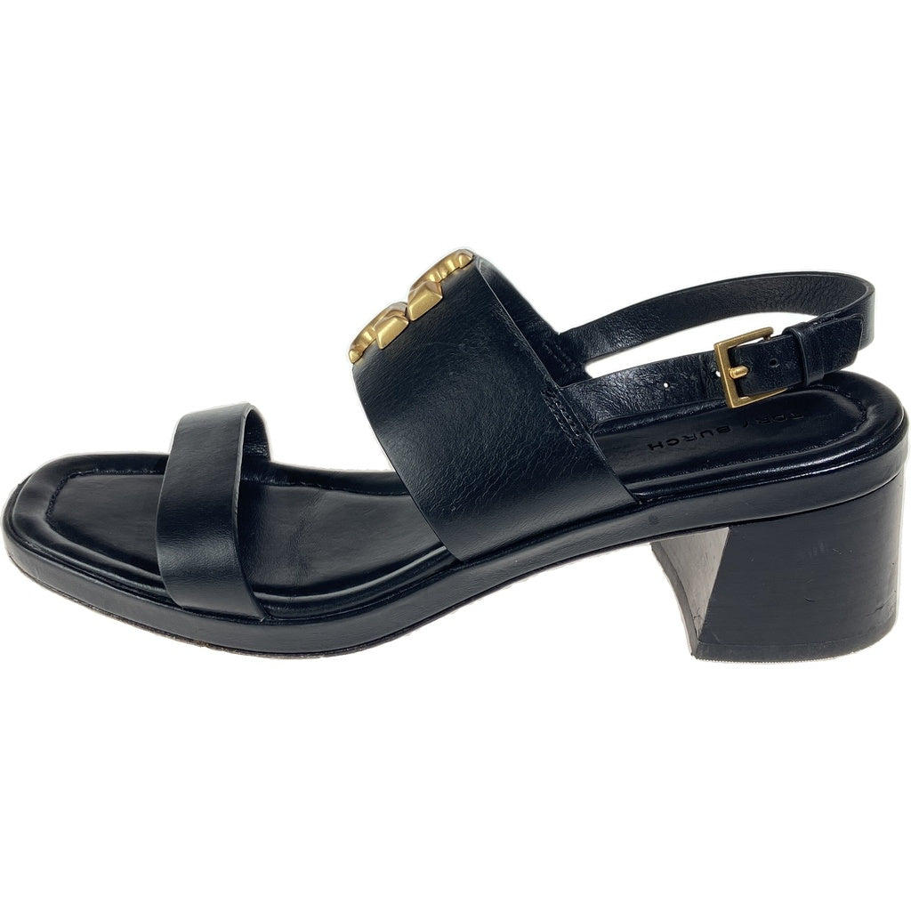 TORY BURCH(トリー バーチ) エレノア ヒール サンダル ロゴ レザー ブラック/ゴールド レディース