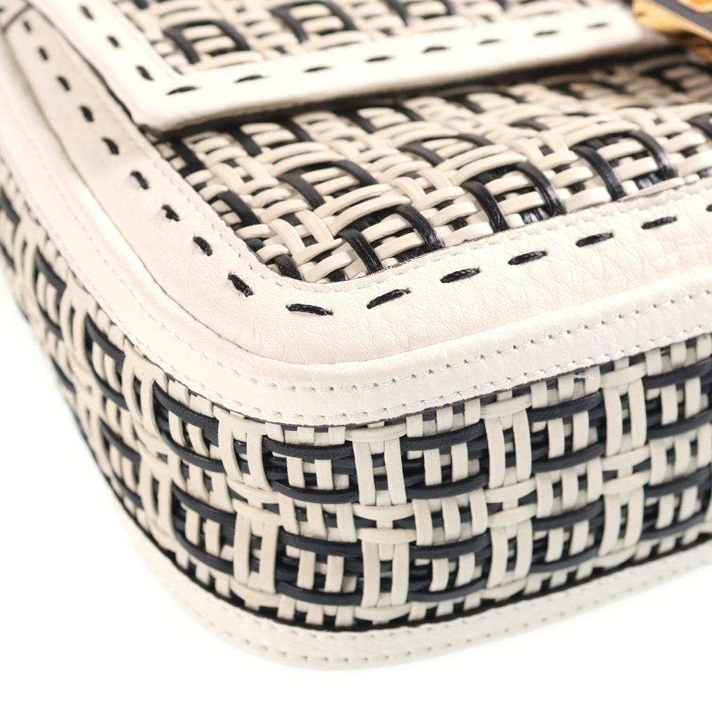 FENDI(フェンディ) バゲット ショルダーバッグ ハンドバッグ 2way ゴールド金具 ラフィア レザー ブラック/ホワイト レディース