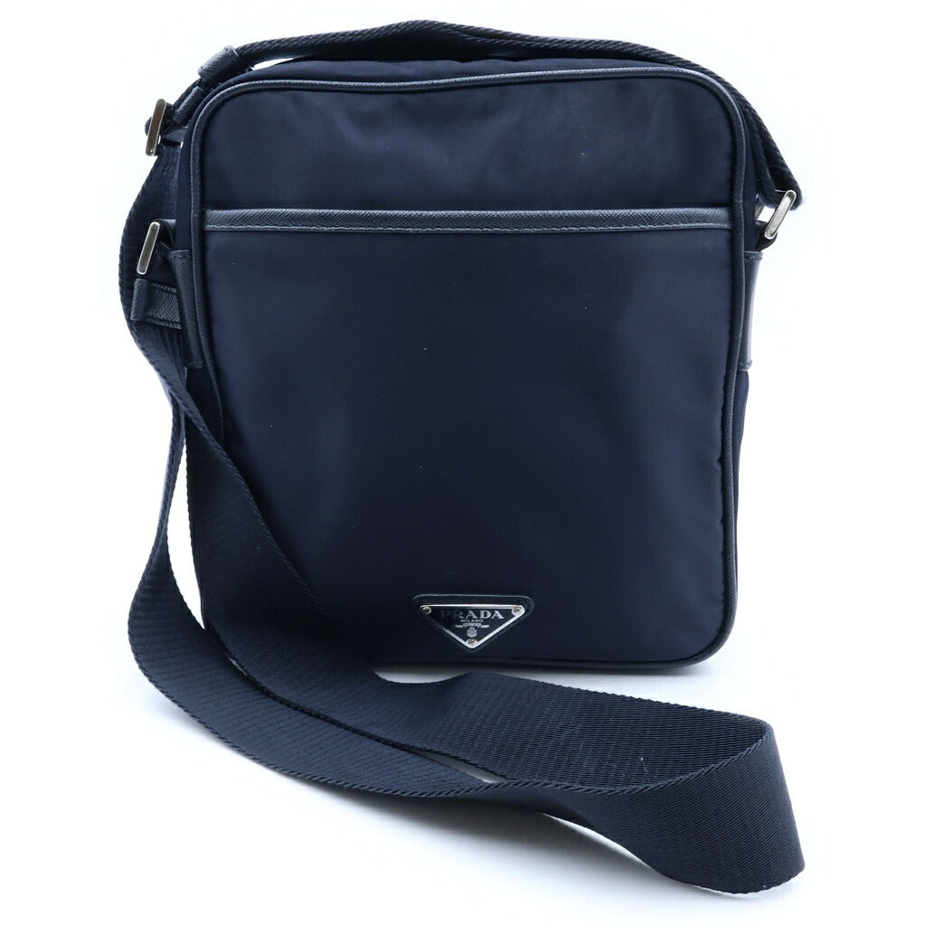 PRADA(プラダ) トライアングルロゴプレート ショルダーバッグ ネイビー レザー×ナイロン 2VH143 シルバー金具