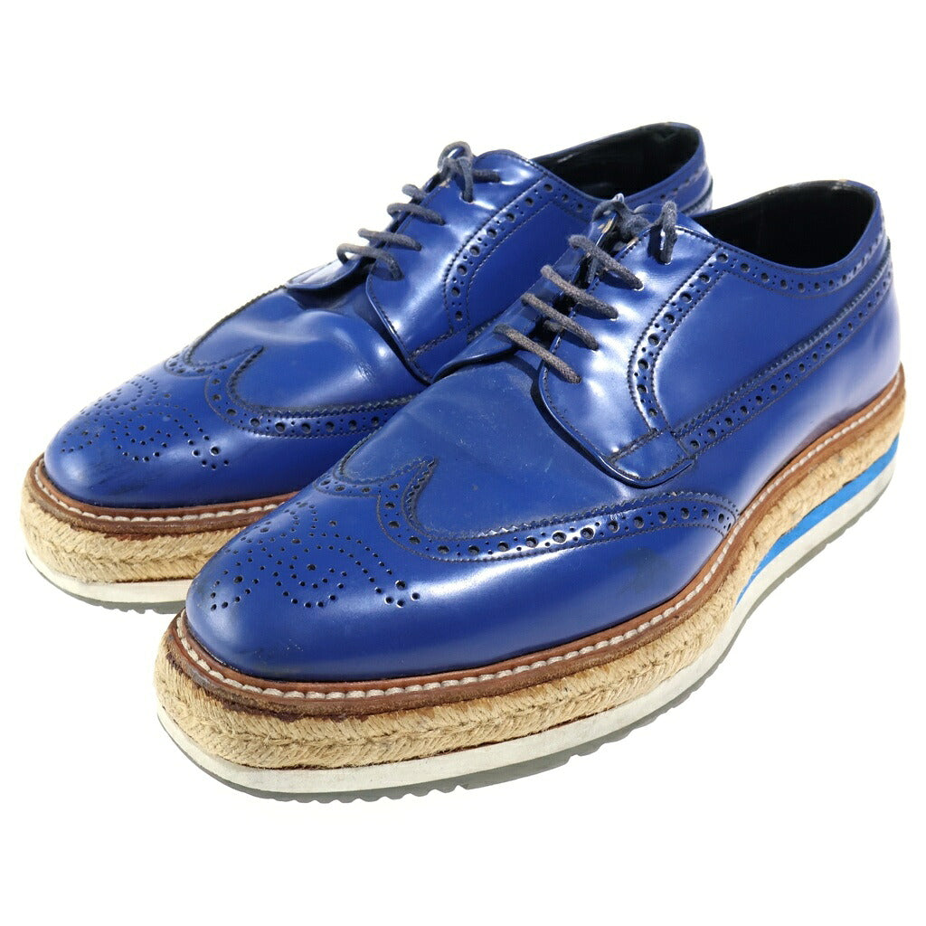 PRADA(プラダ) ウイングチップ エスパドリーユ メダリオン 厚底 レザーシューズ ブルー レディース