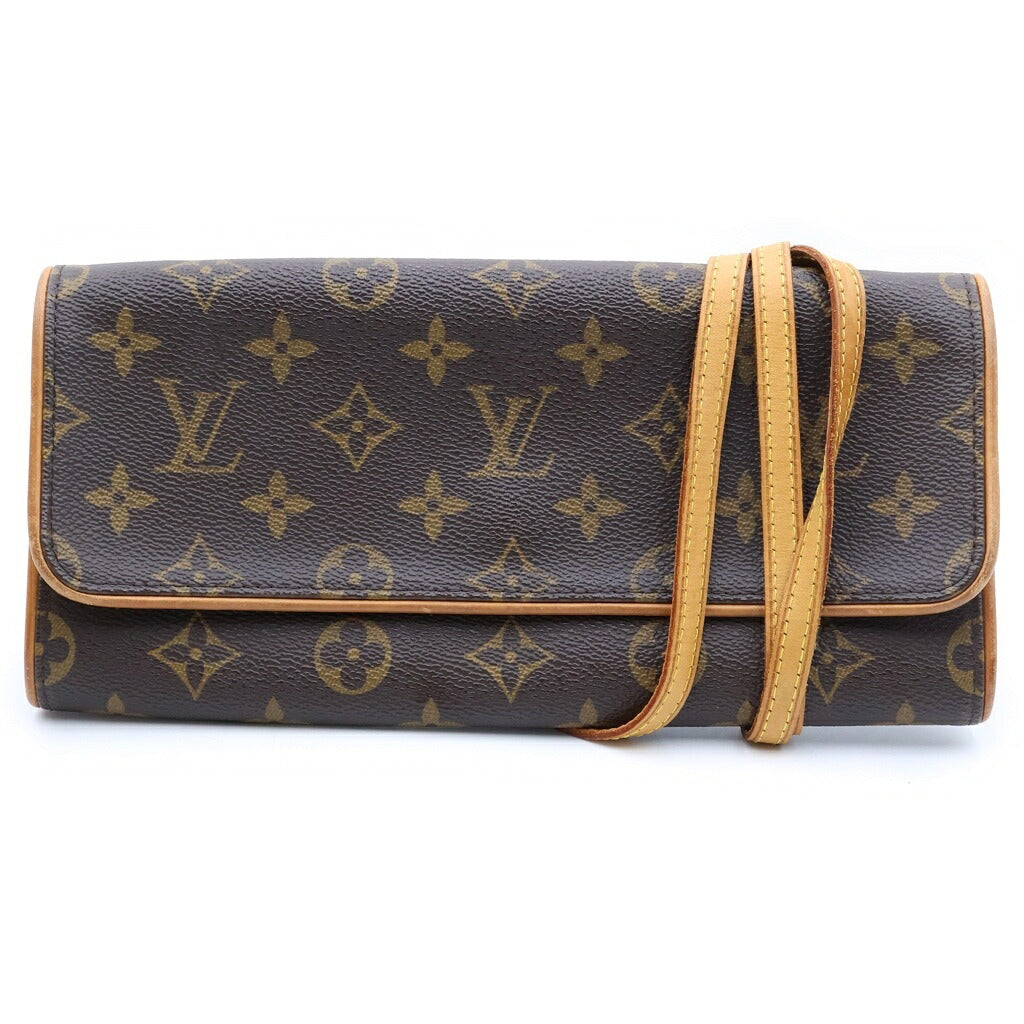 LOUIS VUITTON(ルイヴィトン) モノグラム ポシェットツインGM ショルダーバッグ ブラウン レザー×PVC M51852 ゴールド金具