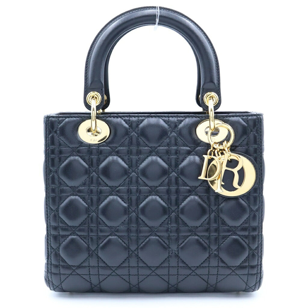 Christian Dior(クリスチャンディオール) レディーディオール ミディアム ハンドバッグ ショルダーバッグ 2way ゴールド金具 カナージュ ブラック