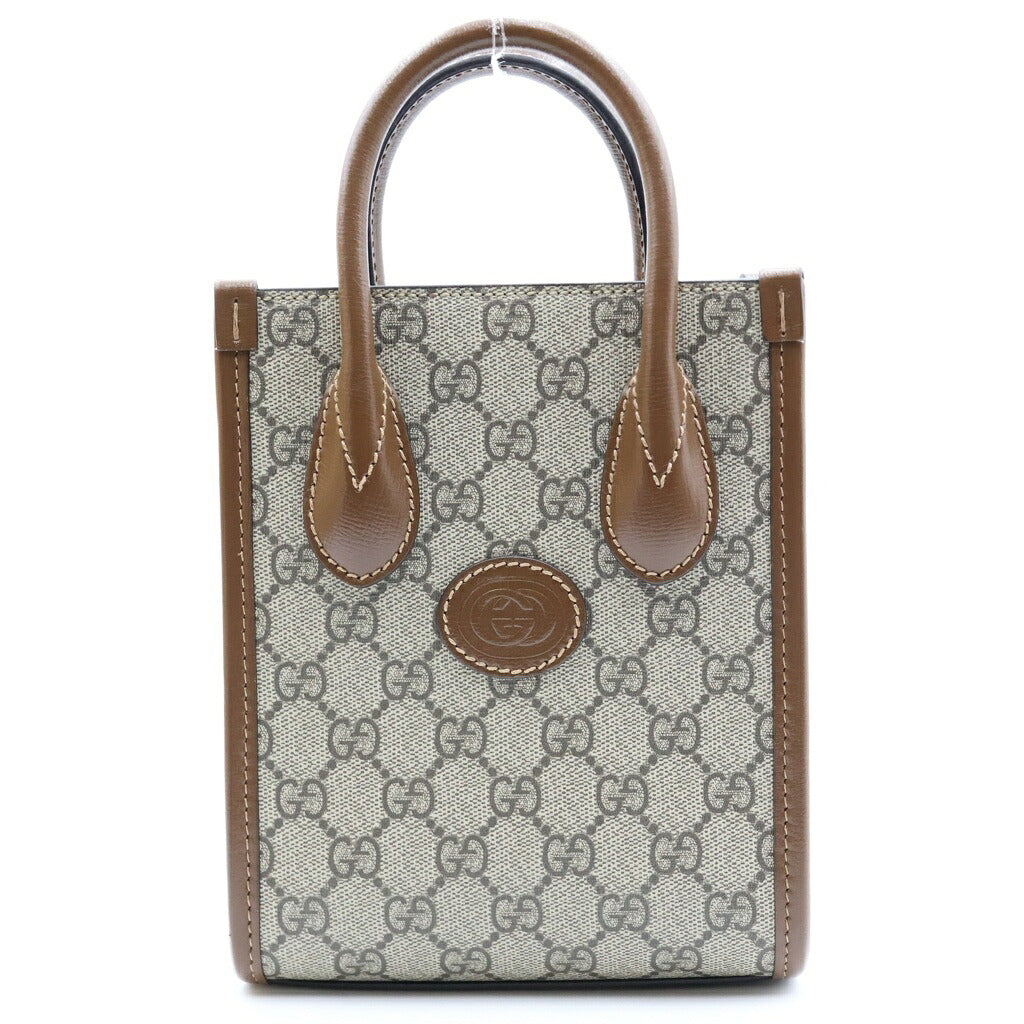 GUCCI(グッチ) インターロッキングG 2WAYハンドバッグ ショルダーバッグ ブラウン×ベージュ レザー×PVC 671623 ゴールド金具
